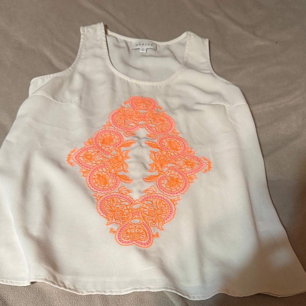 Sabine White Tank Top with Neon Orange Embroidery